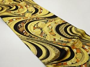 薬玉に曲線・草花・宝尽くし模様織出し袋帯